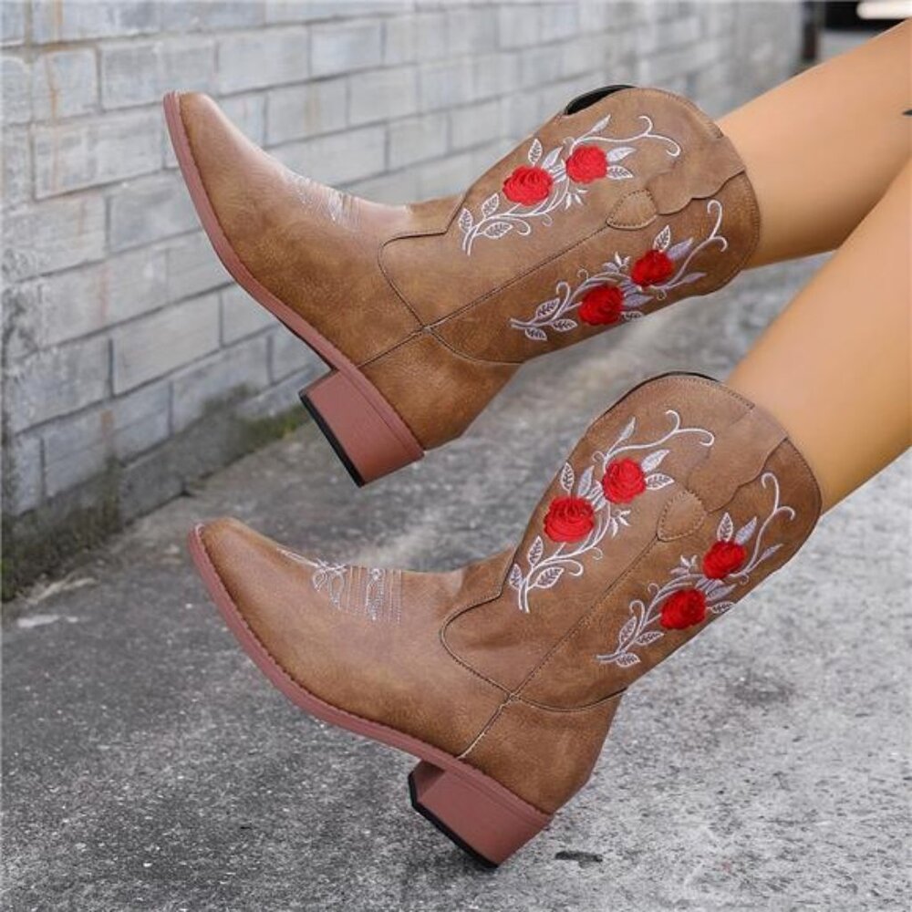 NWT Multiple Sizes Stylish Women's Embroidered Cowboy Boots Red Floral Design - Picture 3 of 9